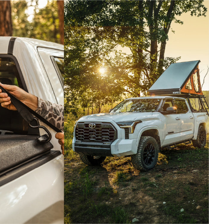 Split view showing tie-down cleats on a DiamondBack HD truck bed cover and Yakima OverHaul HD Rack System, on a white Toyota Tundra with a rooftop tent hauling up to 1,600 lbs on top.