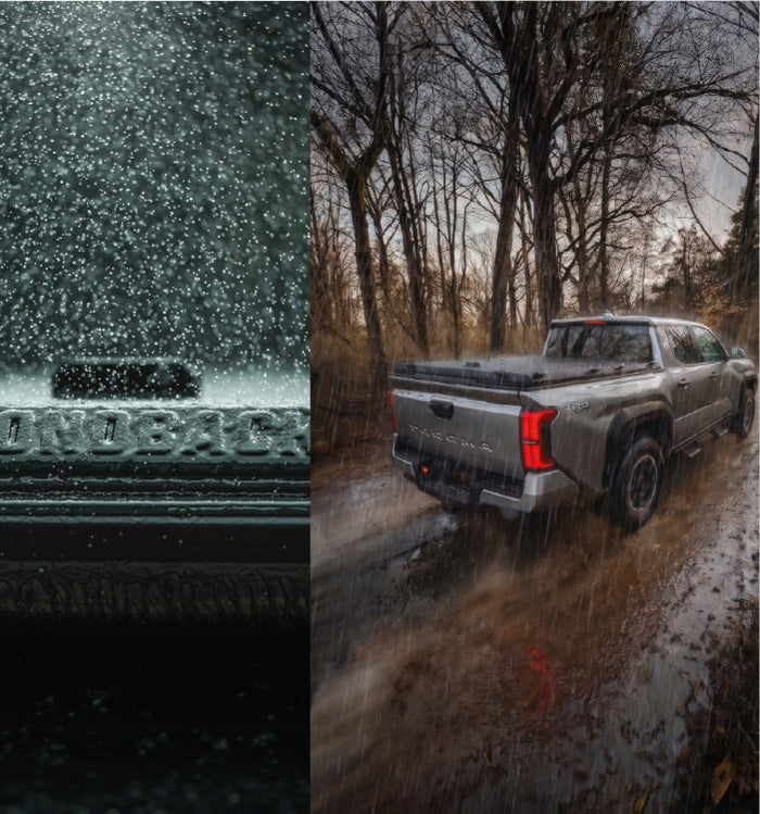 Waterproof DiamondBack HD truck bed cover on a Toyota Tacoma driving through mud and rain next to a close-up of the stormproof seal.