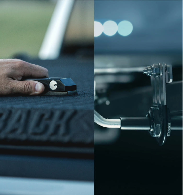 Split view showing high-security key cylinder lock on a DiamondBack truck bed cover and a close-up of 3/8-inch steel lock rod security hardware.