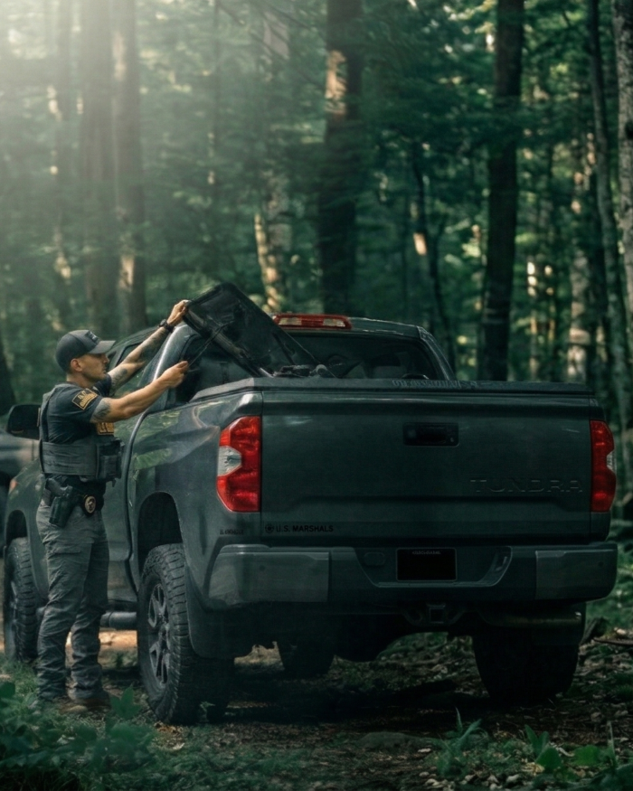 Heavy-duty DiamondBack truck bed covers installed on a fleet of commercial work trucks.