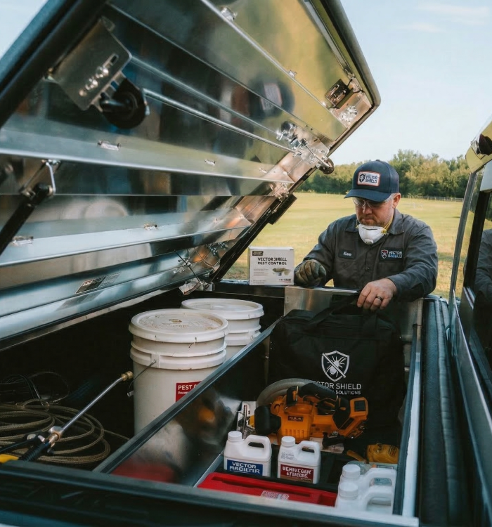 Weatherproof truck bed cover protecting pest control equipment and materials.