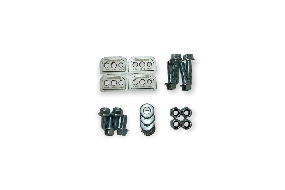 Included parts: 4x CNC Machined Stainless Steel MOLLE Nut, 4x 1/4-20 x 5/8” Flanged Bolt, 4x 1/4-20 x 1” Flanged Bolt, 4x 1/4” Washer, 4x 1/4
