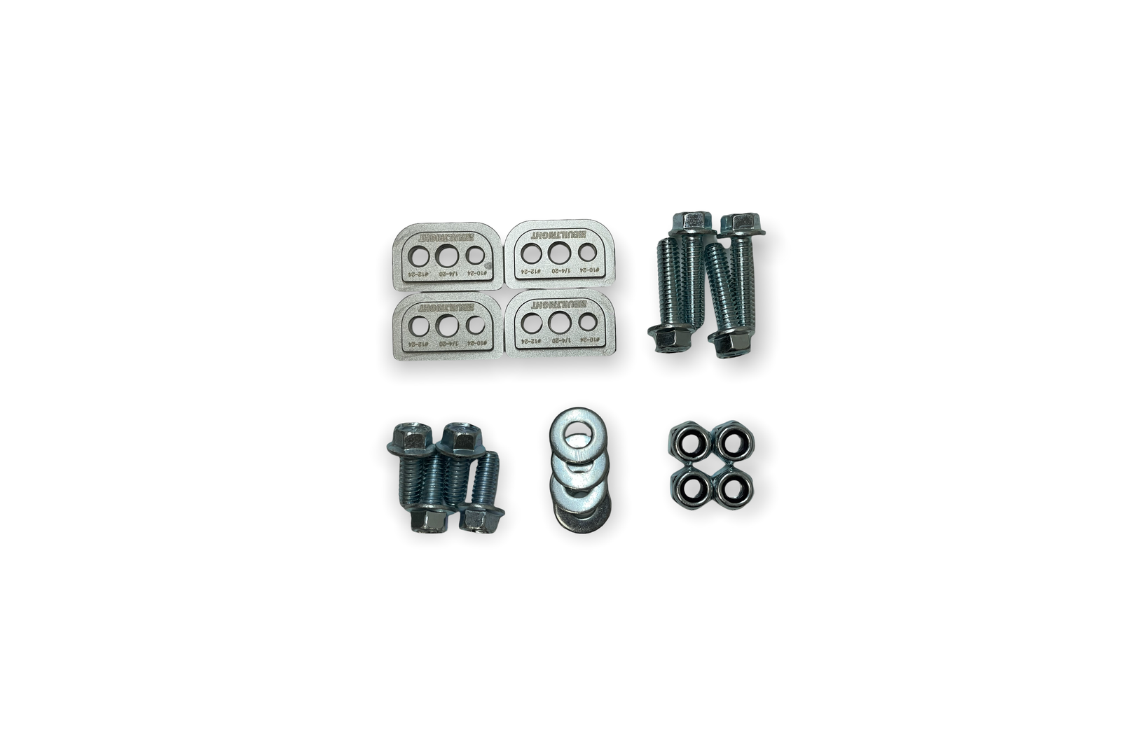 Included parts: 4x CNC Machined Stainless Steel MOLLE Nut, 4x 1/4-20 x 5/8” Flanged Bolt, 4x 1/4-20 x 1” Flanged Bolt, 4x 1/4” Washer, 4x 1/4"-20 Locking Nut